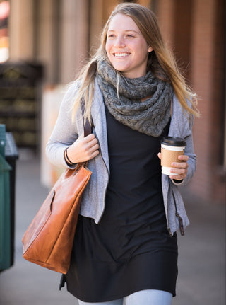 Woman walking in X-Dress Nuu-Muu Scoop pocket exercise dress, running dress, travel dress, athletic dress. 